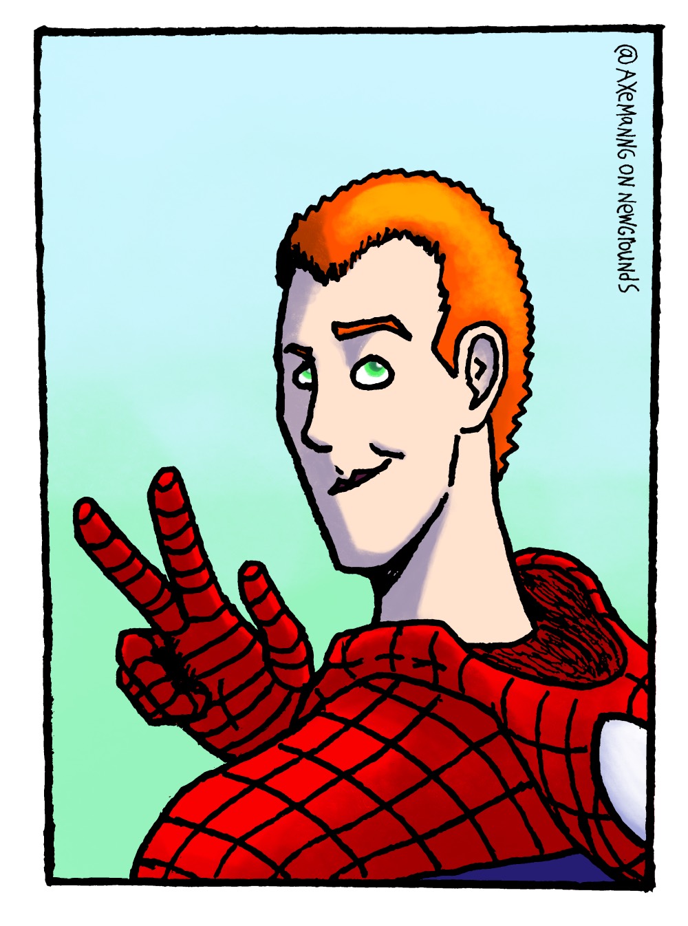 Her mask is down, revealing her reddish, orange buzzcut. She’s smiling at the POV over her left shoulder, making a peace sign with her right hand.